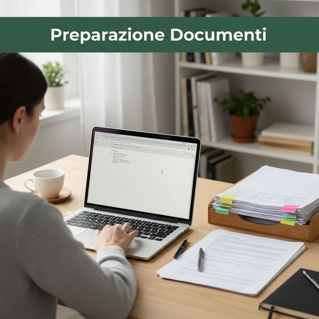 A person organizes stacks of white documents and a laptop on a clean desk. Soft sunlight illuminates the surface, while a dark green banner highlights the workspace area above the scene.