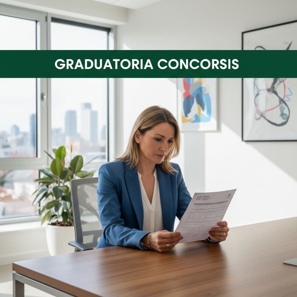 Un professionista in un ufficio luminoso esamina attentamente un documento ufficiale di una graduatoria.