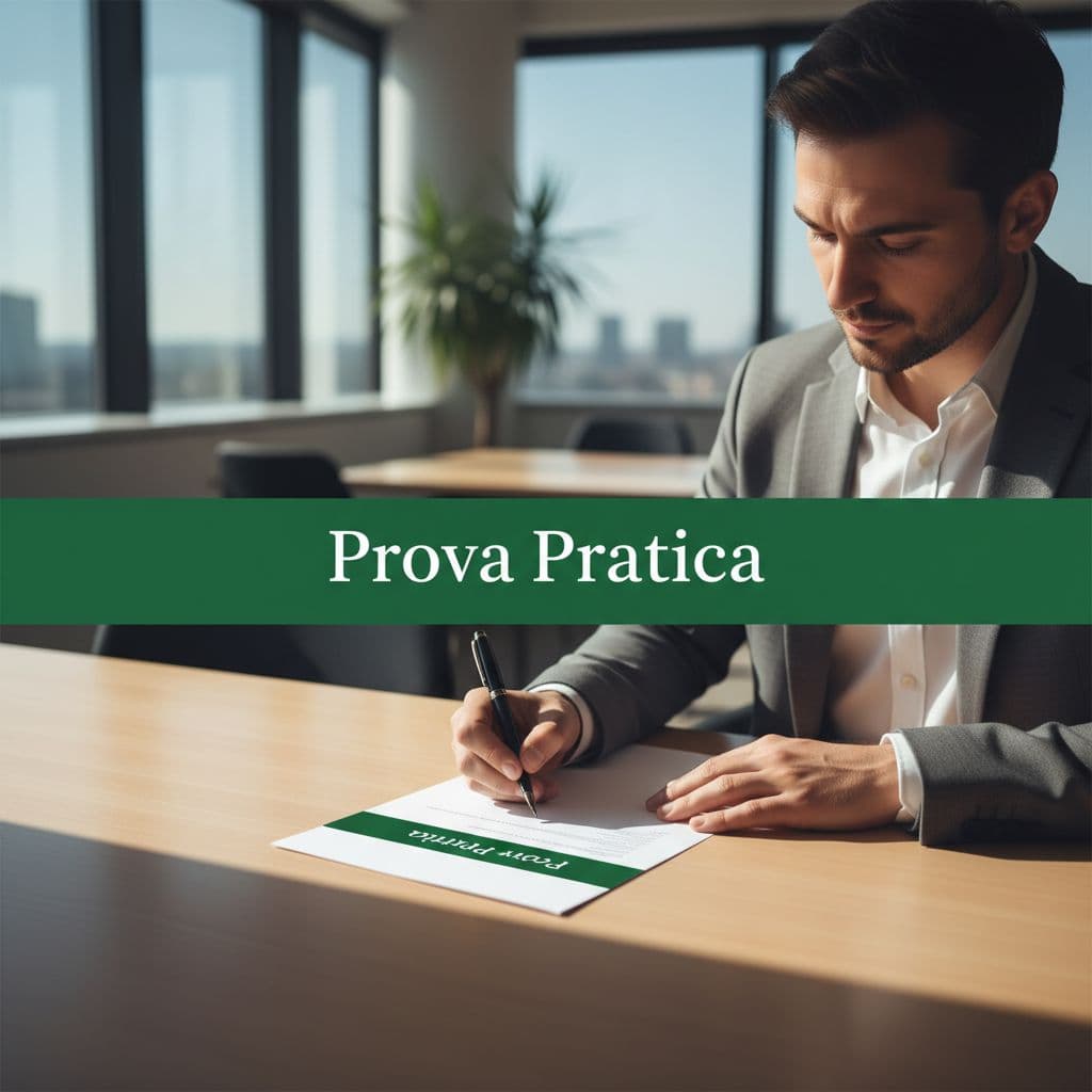 Un professionista scrive un documento formale presso una scrivania moderna in un ufficio luminoso.