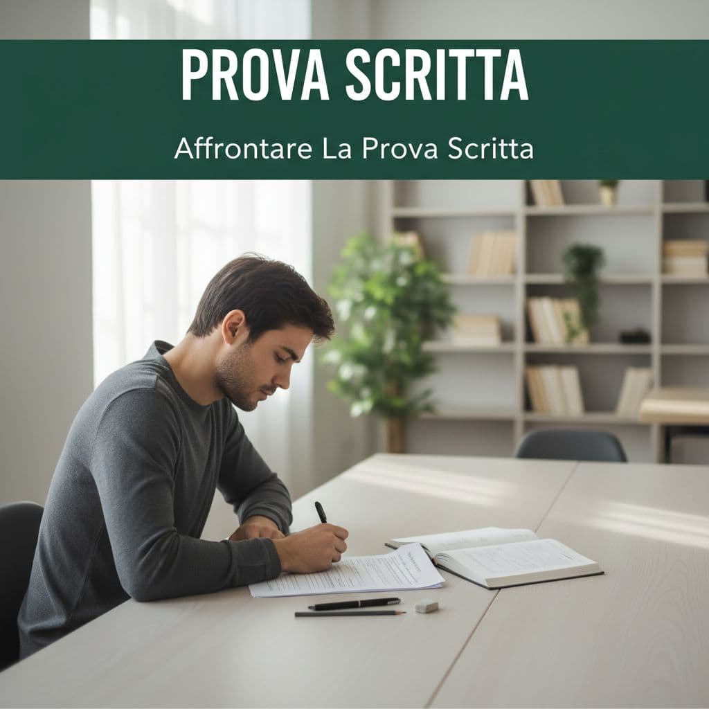 Una persona seduta a un tavolo luminoso compila con concentrazione un modulo per un concorso pubblico.