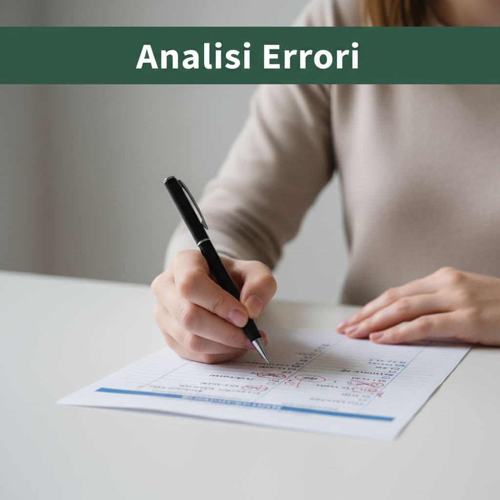 Una persona esamina con una penna una lista di risposte errate su un foglio di carta.