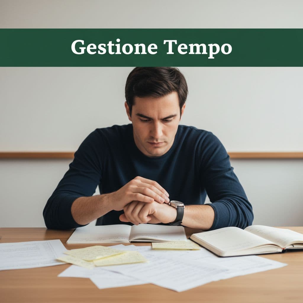 Una persona seduta a un tavolo con appunti controlla un orologio analogico per gestire la prova.