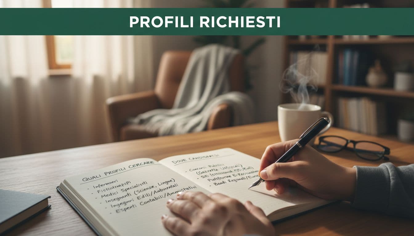 Mani scrivono appunti su un quaderno in uno studio accogliente sotto un'intestazione verde.