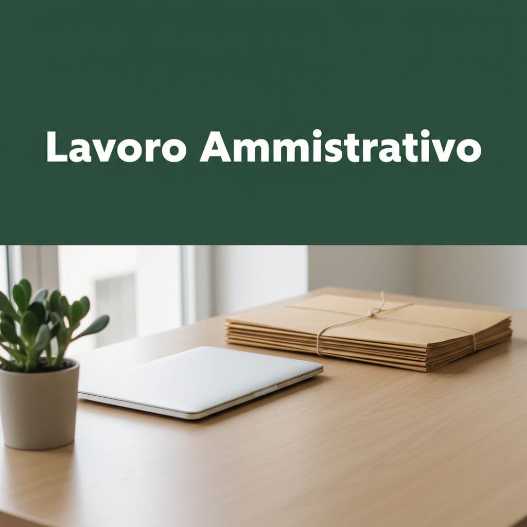 Una scrivania ordinata con documenti, un portatile chiuso e una pianta verde sotto un titolo editoriale.