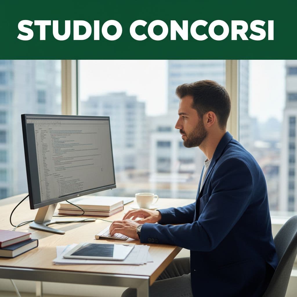 A focused young professional sits at a clean, modern desk using a laptop for research. A bold green header bar with professional text frames the top of the composition perfectly.
