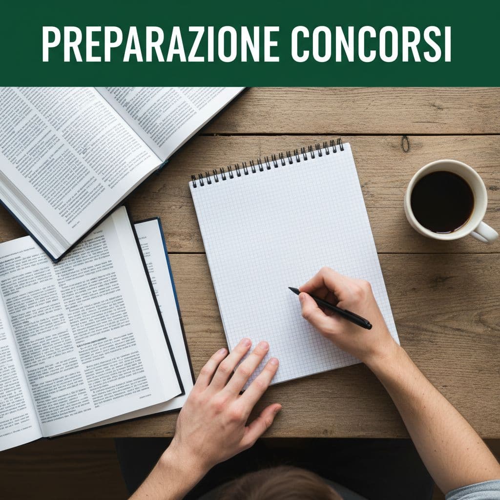 Una persona scrive in un quaderno su un tavolo di legno accanto a libri e una tazza.