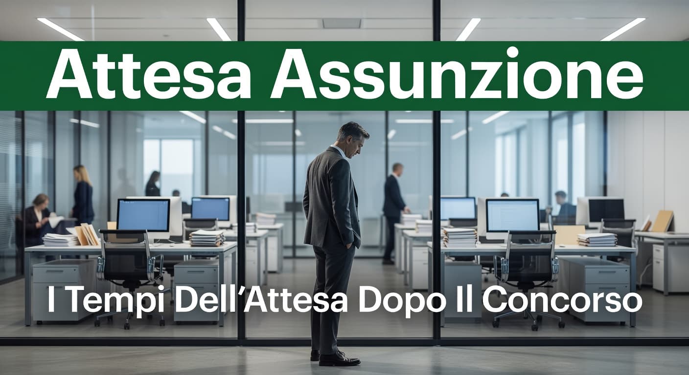 A focused person stands outside looking into a bright modern office through glass. A bold dark green horizontal banner with white text titled Attesa Assunzione frames the top of the scene.