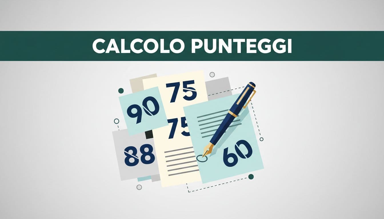A dark green header sits above an abstract arrangement of official document sheets marked with numerical scores. A stylized pen rests nearby, set against a clean, geometric and bold editorial layout.