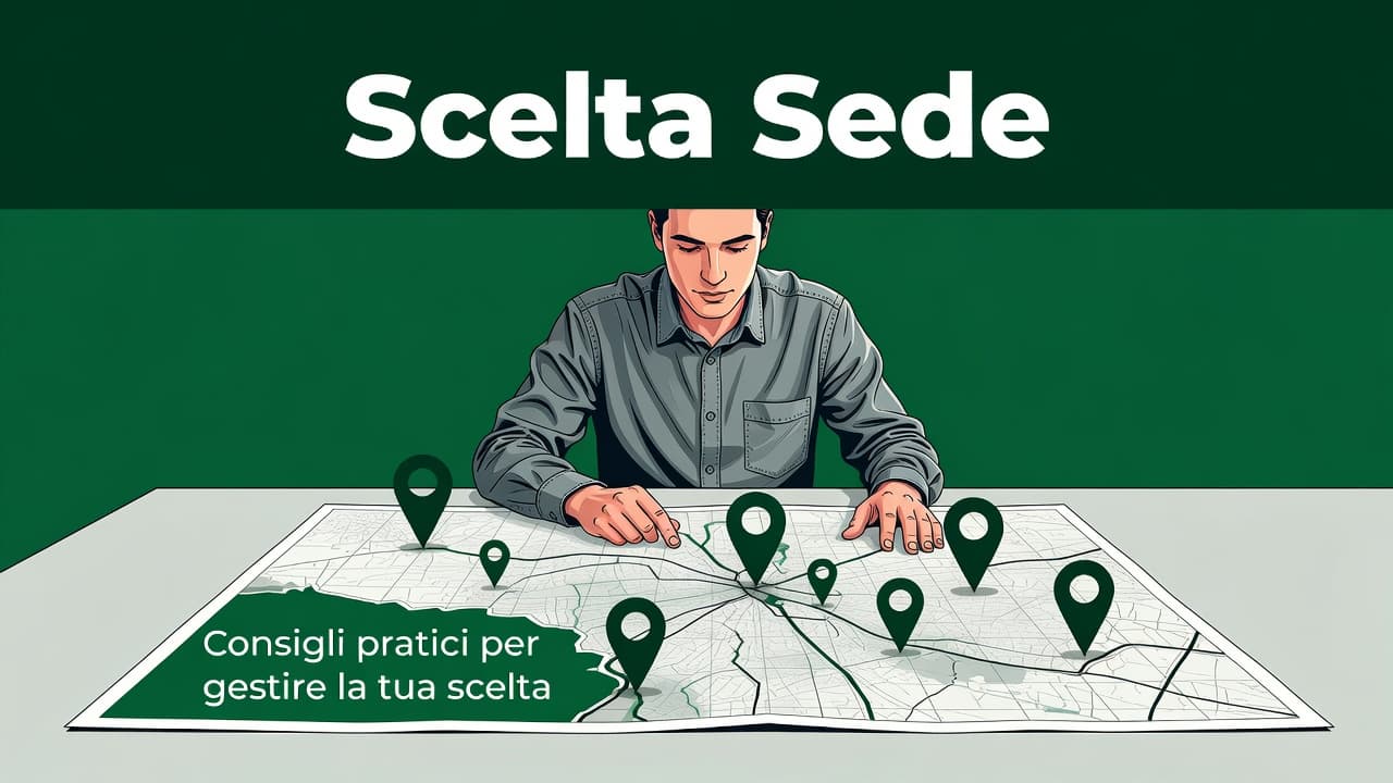 A focused individual examines a detailed geographic map marked with various points of interest. A dark green header bar displays the text Scelta Sede in a bold, geometric white typeface.