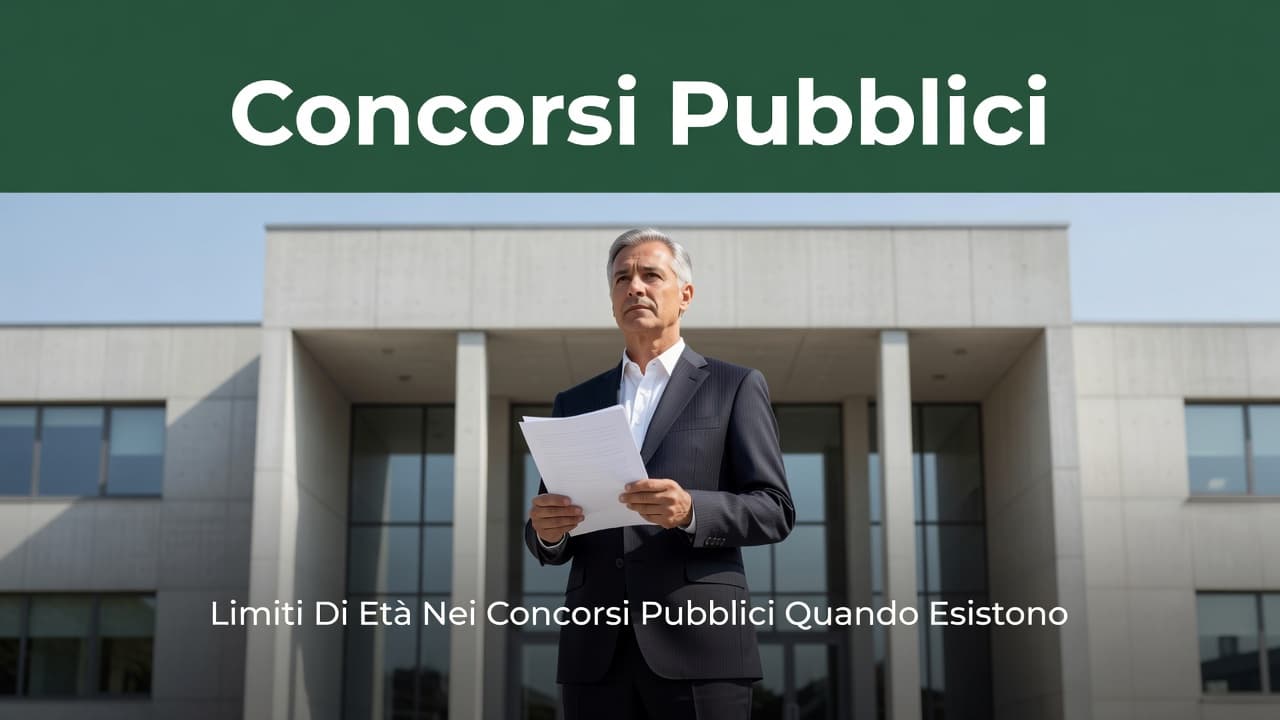 A professional individual holds a legal document in front of a modern public building. A bold dark-green header at the top displays the white text Concorsi Pubblici in minimalist typography.
