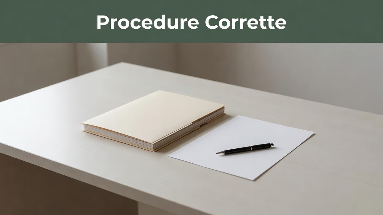A clean desk features a single folder, a pen, and blank paper bathed in soft natural light. A muted green header at the top contains the bold white text Procedure Corrette.