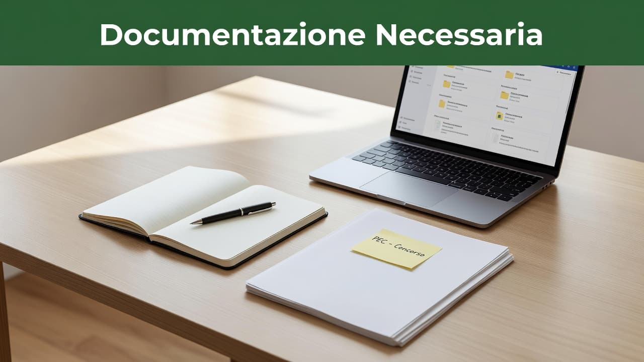 A clean workstation featuring an open laptop, a pen, and a notebook positioned on a wooden surface. A dark green header bar displays bold white text reading Documentazione Necessaria above items.