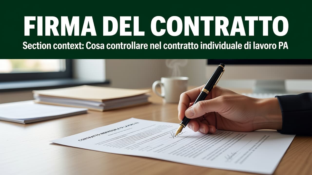 Una mano posata su un documento ufficiale firma un contratto su una scrivania ordinata. Una fascia verde scuro domina la parte superiore dell'inquadratura con una elegante scritta tipografica in sans-serif.