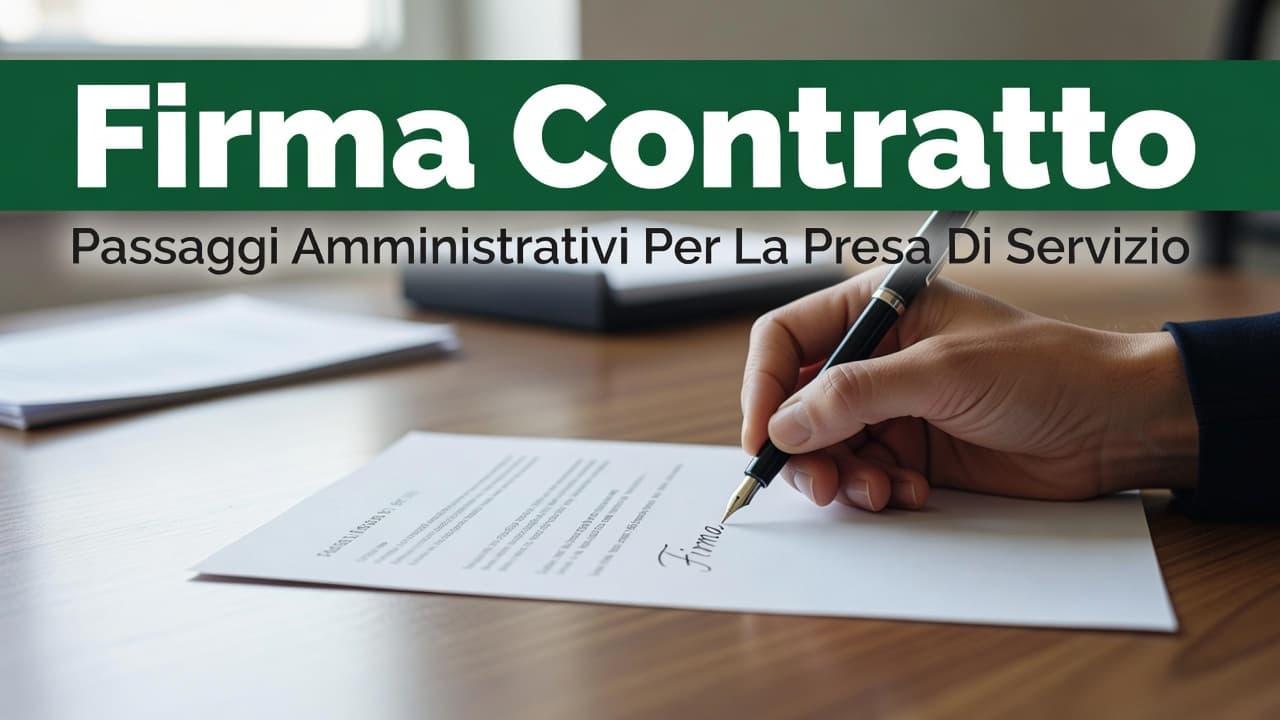 A focused hand uses a premium pen to sign a legal employment document on a clean desk. A deep green horizontal banner accents the top, displaying bold sans-serif text above.