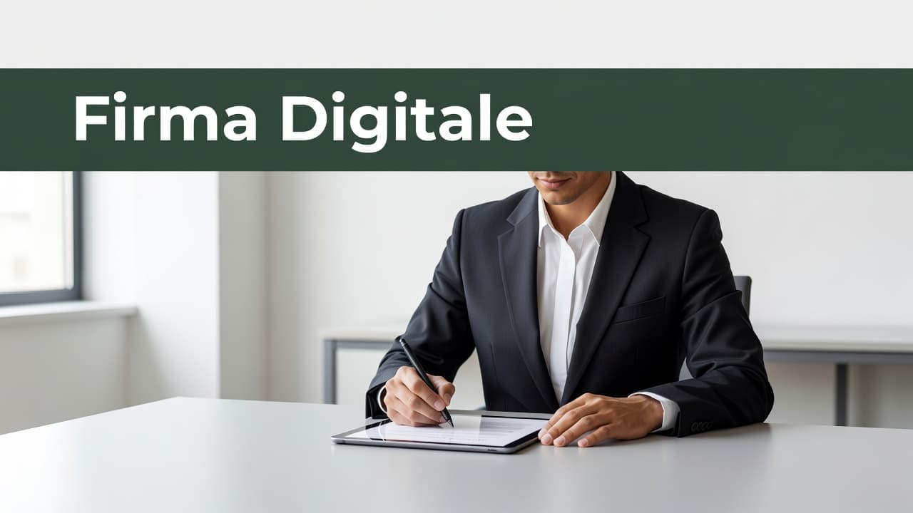 Un professionista firma un documento su un tablet all'interno di un ufficio luminoso. In alto, una fascia verde scuro riporta la scritta Firma Digitale in caratteri geometrici bianchi e moderni.