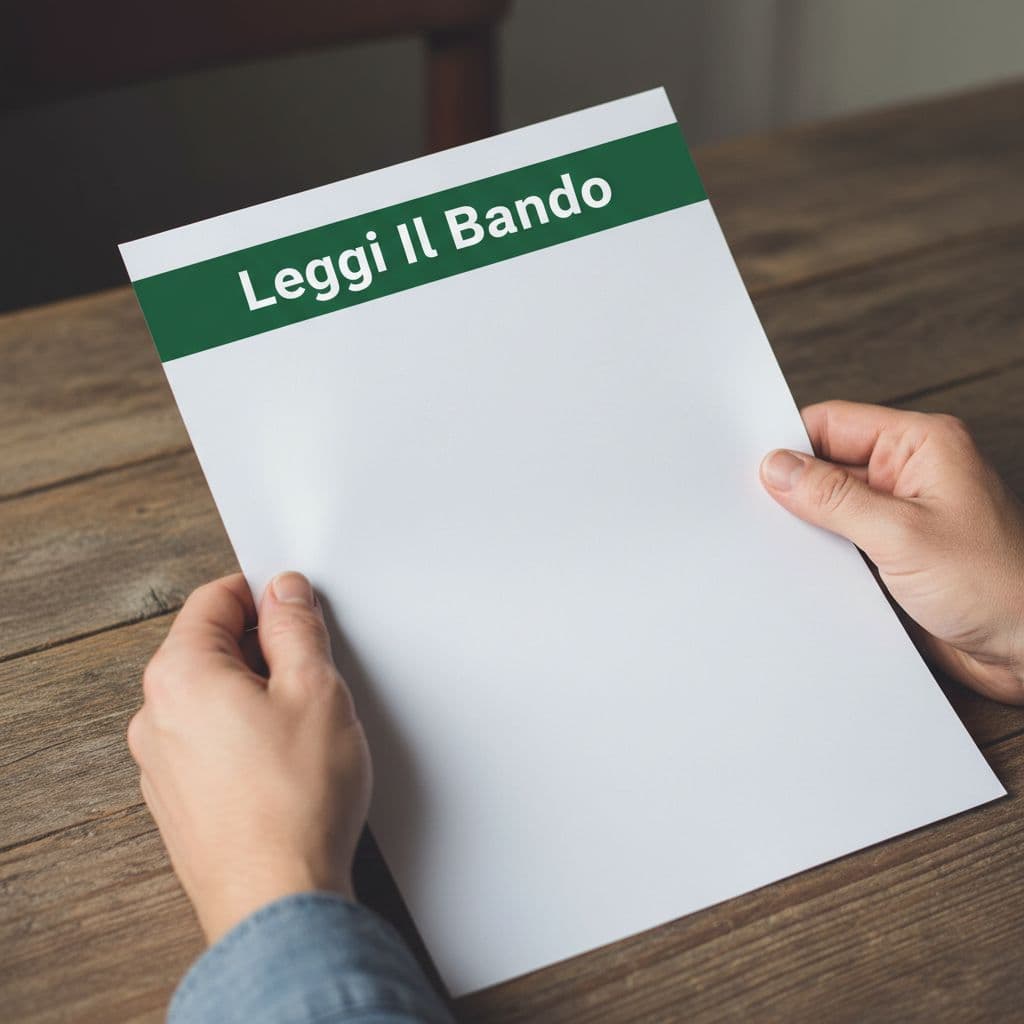 Close-up of hands holding a printed bureaucratic form over a rustic wooden table. A dark green banner at the top features bold white text guiding the viewer through application requirements.