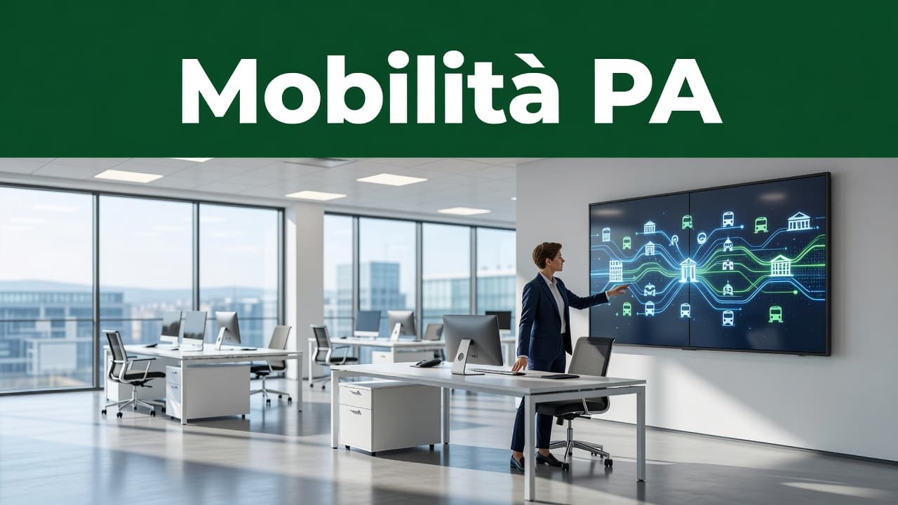 Una persona osserva una postazione di lavoro in un ampio ufficio luminoso e professionale. Sulla parte superiore dell'immagine compare una fascia verde scuro con il testo Mobilità PA in evidenza.