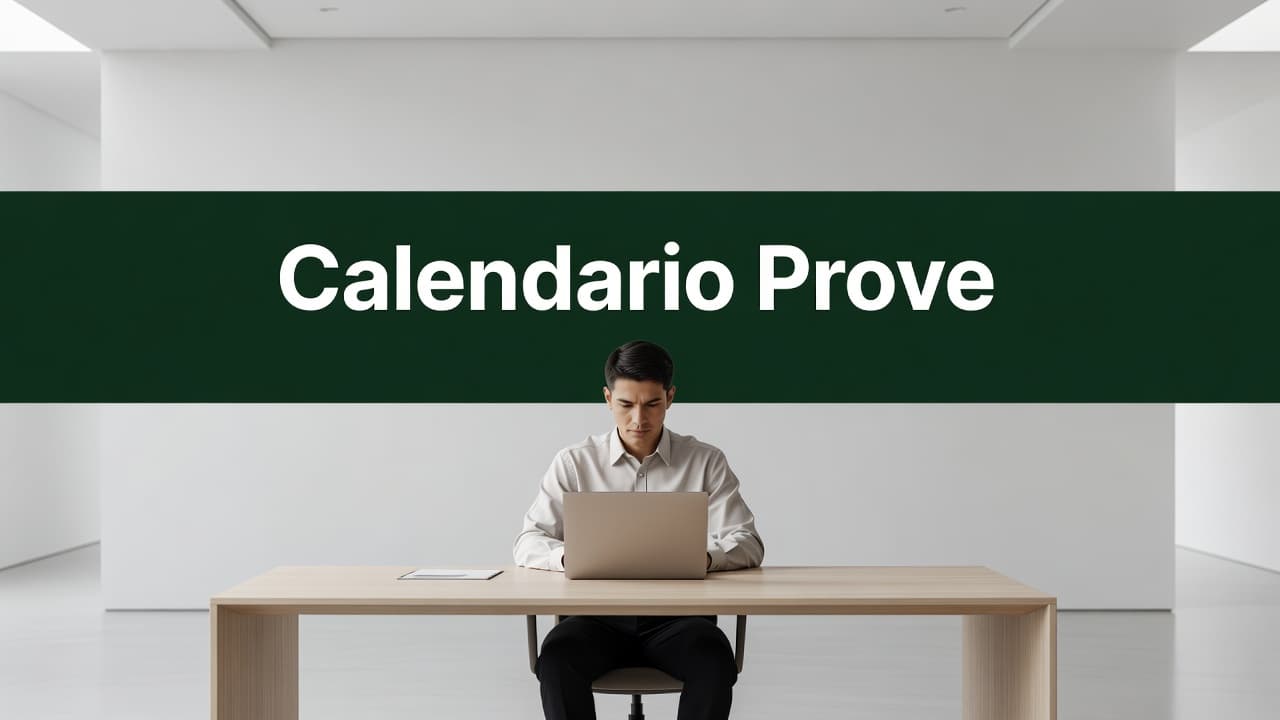 A focused professional sits at a clean, minimalist desk viewing exam schedules on a laptop. A bold dark-green header band at the top contains the white text label Calendario Prove.