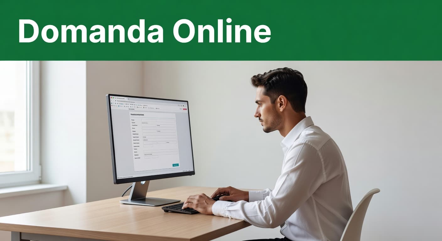 A focused individual sits at a minimalist desk, intently viewing a computer screen to finalize a payment. A distinct dark green banner displays the header text Domanda Online above the workspace.