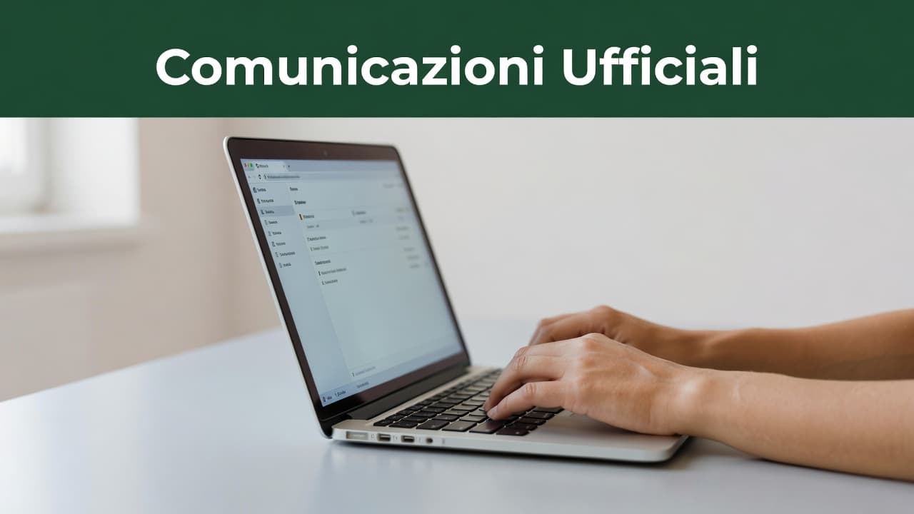 A close-up of a person focused on a laptop screen within a minimalist office. Above the desk, a dark green horizontal banner displays the text Comunicazioni Ufficiali in bold white letters.