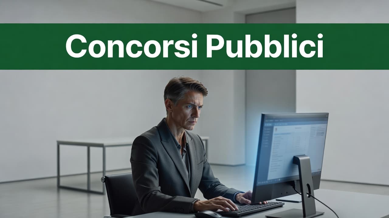 A focused individual works at a computer in a minimalist office setting. A bold dark green horizontal banner featuring the text Concorsi Pubblici spans the top portion of the professional workspace.