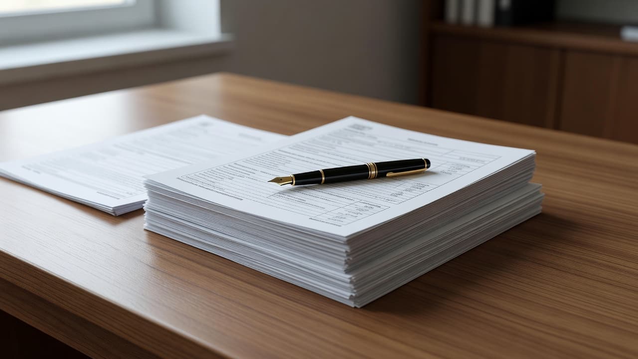 A stack of organized official documents and forms sits neatly on a polished desk surface. A premium fountain pen rests precisely on top, accented by soft, warm natural morning light.