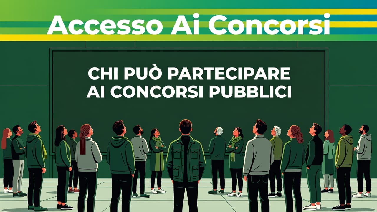 A diverse group of people gathers around a large document featuring an Accesso Ai Concorsi header. They analyze the text together, set against a backdrop of deep green editorial design elements.