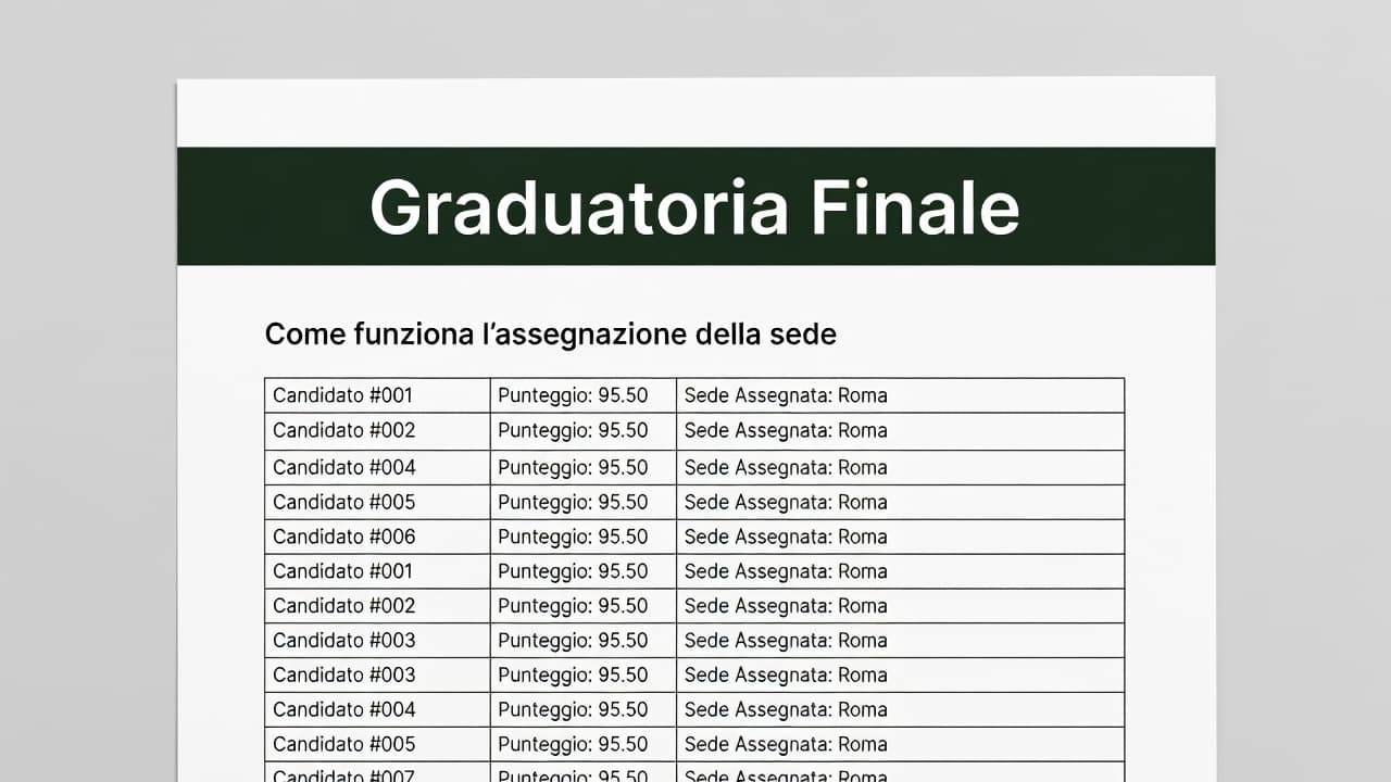 A crisp white document lists ranked candidates beneath a bold dark green header. The clean editorial layout uses geometric sans-serif typography to present the final selection results from above.