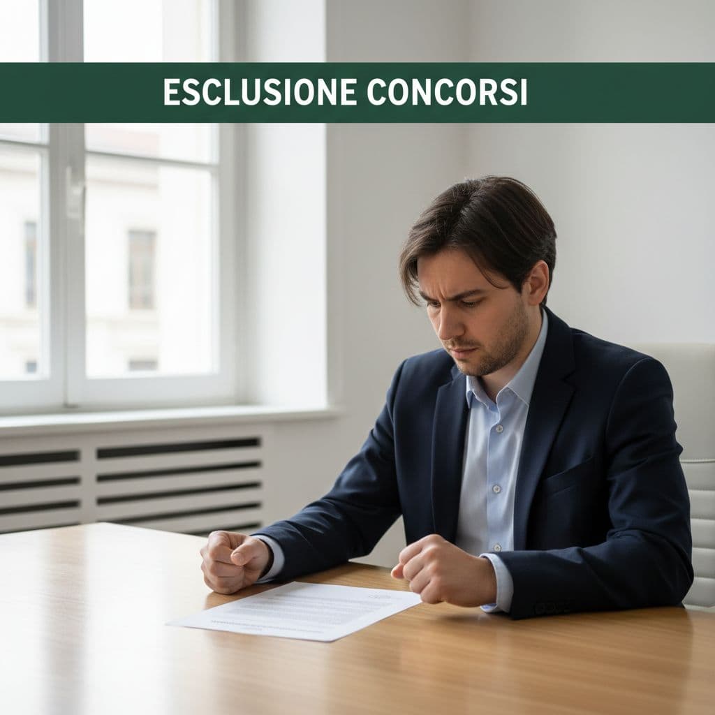 A frustrated person sits at a sleek office desk reviewing an official document. A bold dark green header with the text Esclusione Concorsi sits prominently at the top of the frame.