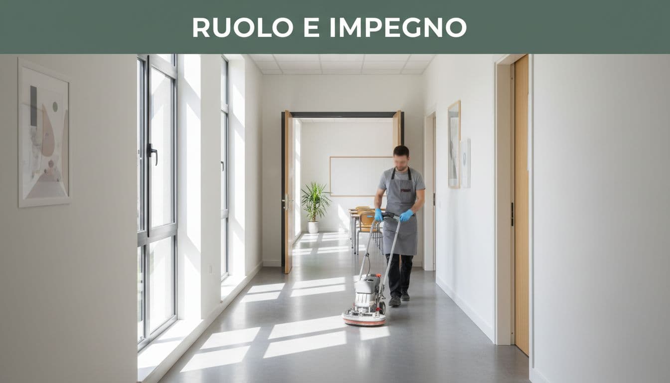 A staff member wearing a work apron holds a cleaning tool while walking toward an open classroom door. A dark green header band displays white geometric text above the bright hallway.