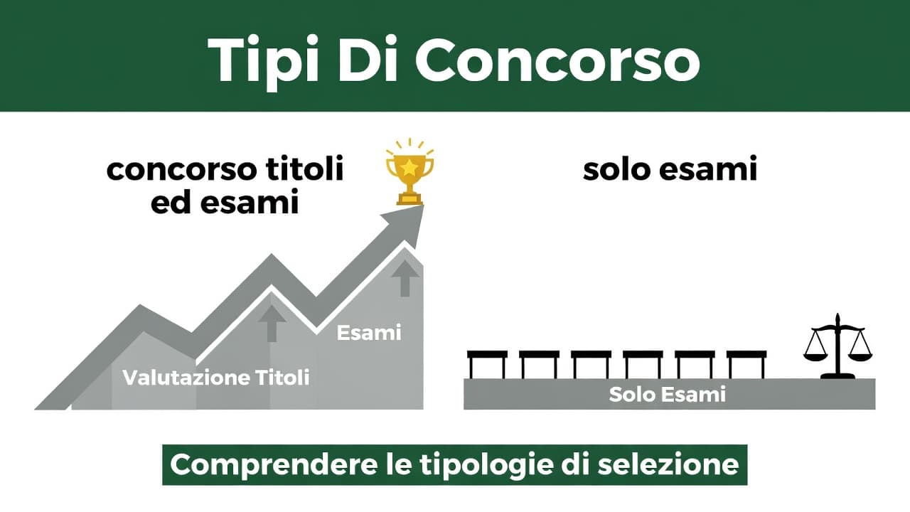 A dark green header displays the bold white text Tipi Di Concorso above a split layout. The composition contrastingly separates two distinct career paths for job applicants using minimalist geometric icons.