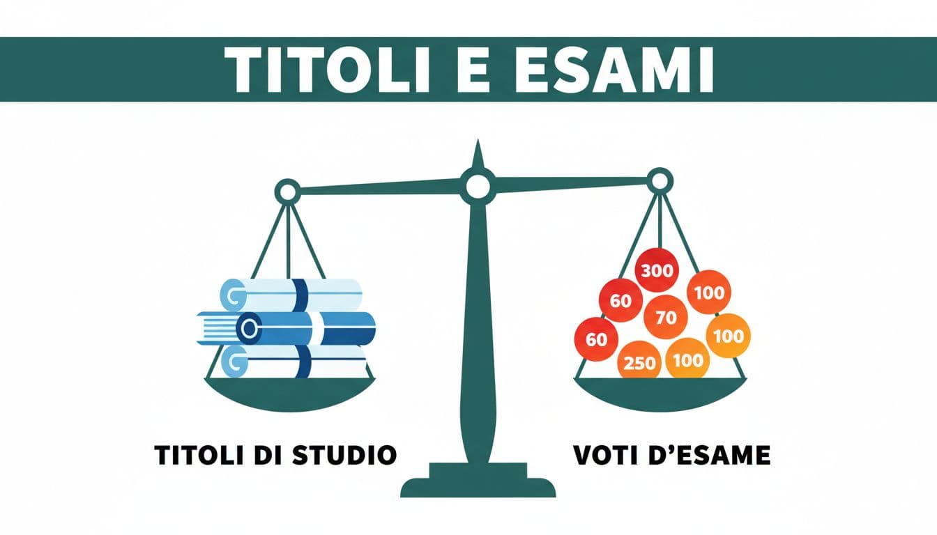 Una bilancia stilizzata confronta su due piatti i titoli di studio e i punteggi d'esame. Il design editoriale presenta una barra verde scuro superiore che riporta il titolo in grassetto.