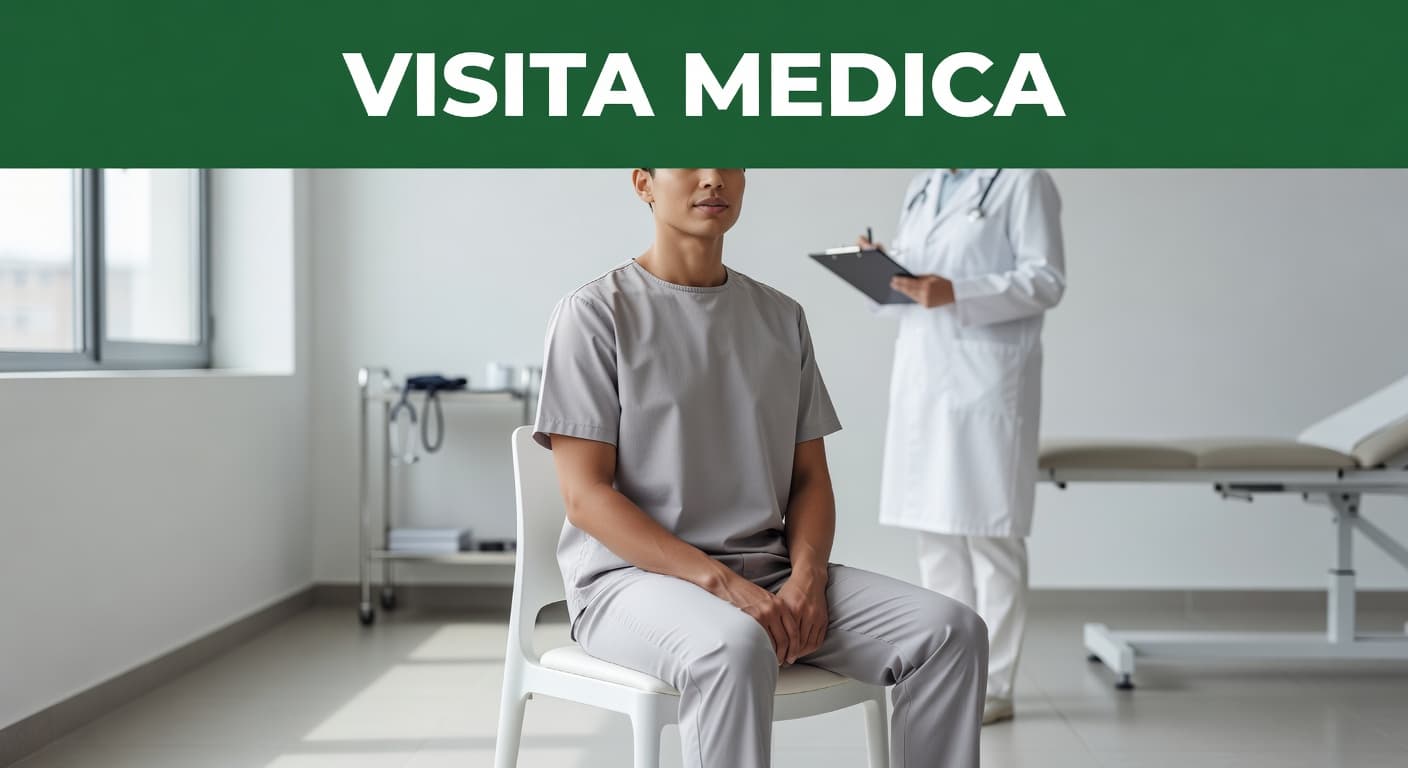 A calm individual sits on a chair in a bright, modern clinic for a routine health screening. Above, a dark green banner features the bold white text titled Visita Medica.